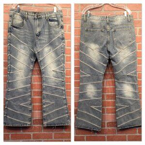 Mens Rebel Vengeance Stacked Jeans Size 34 Blue Distressed Denim Skull Button